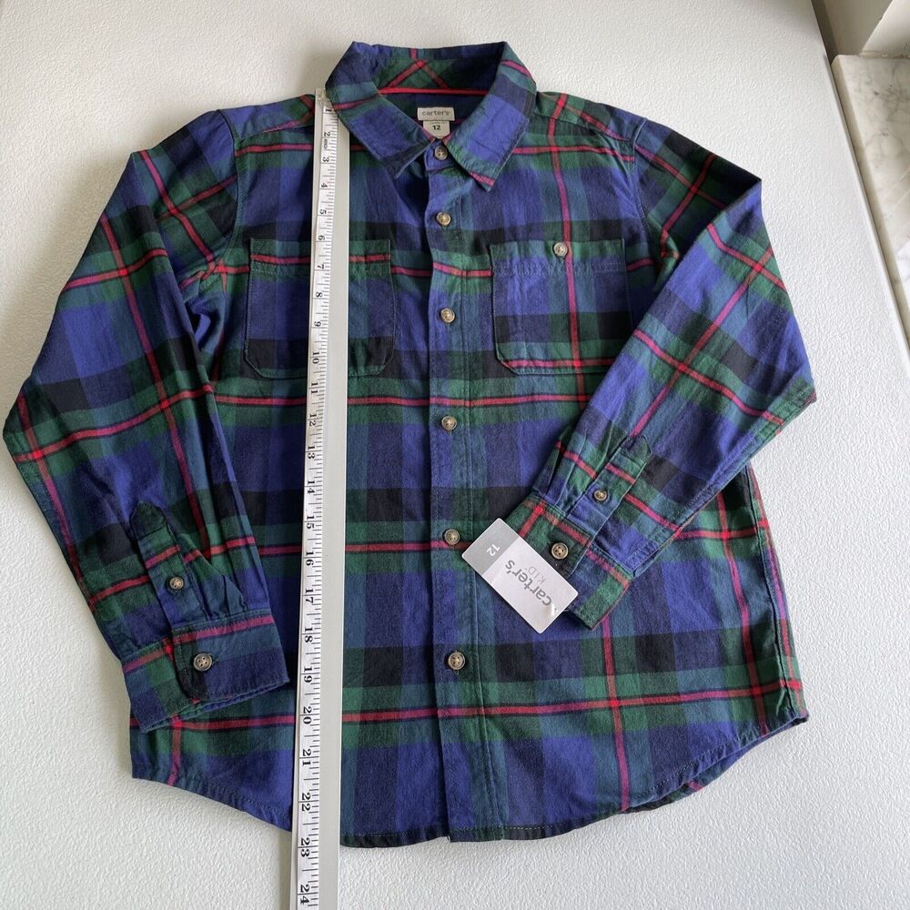 Carter's Boys Size 12 Button Up Plaid Shirt Navy Blue Green Long Sleeve Pockets - Picture 8 of 8